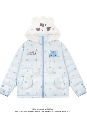 FOCK原创猫咪魔术贴满印星星排骨棉服秋冬小个子连帽加厚刺绣外套