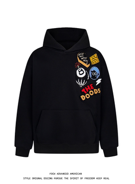 FOCK原创美式oversize高街刺绣个性春秋冬宽松连帽卫衣男女情侣