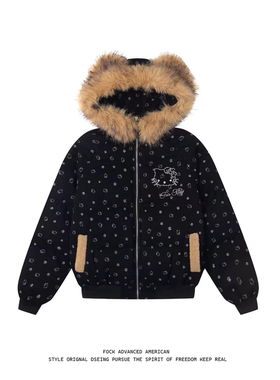 FOCK原创卡通钉珠凯蒂猫毛领立耳连帽棉服外套女男秋冬加厚面包服