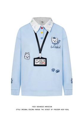 FOCK原创设计学院风碎花翻领polo长袖卫衣女男情侣上衣2025秋冬潮