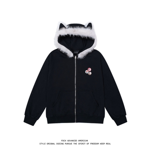 FOCK原创新款 外套男女情侣上衣 秋冬可拆卸毛领猫耳朵连帽百搭开衫