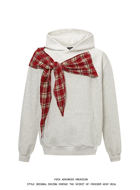 FOCK 美式创意蝴蝶结格子连帽卫衣男女设计感宽松慵懒风情侣帽衫