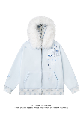 FOCK原创设计冰晶雪花连帽开衫卫衣外套女男秋冬新款宽松拉链上衣