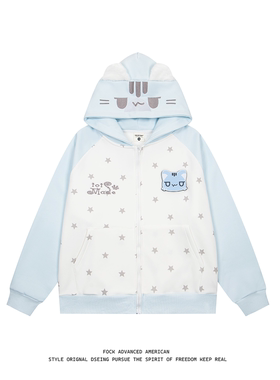 FOCK原创设计猫咪魔术贴满印星星连帽开衫卫衣外套女男情侣上衣萌