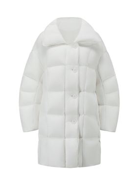 White Plaid BigCollar Long Puffer Jacket白色方格大领羽绒外套