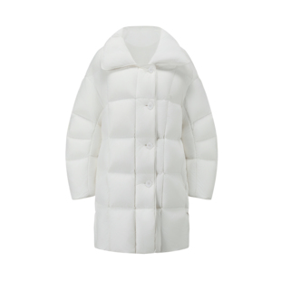 White Plaid BigCollar Long Puffer Jacket白色方格大领羽绒外套