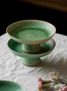 日式手工绿色窑变陶瓷茶点盘陶瓷小果盘糕点复古高足零食盘托盘