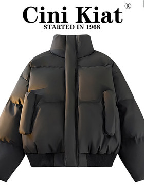 美式复古立领羽绒棉服男冬季情侣PU皮面包服加绒保暖棉衣