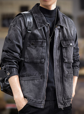 高级感潮牌拉链设计牛仔夹克男宽松大码翻领上衣秋季新款黑色外套