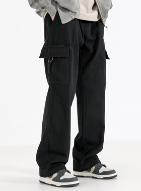 Ceecuz美式潮牌黑色直筒工装裤男款牛仔裤春秋新款百搭宽松阔腿裤