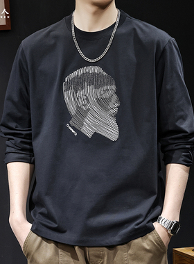秋季长袖t恤男2025新款潮牌印花百搭内搭打底衣服圆领大码春秋款