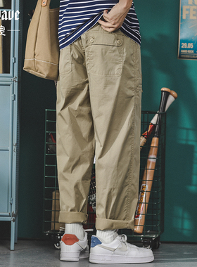 新款日系穿搭卡其色休闲工装裤男直筒宽松大码夏季阔腿九分裤子潮