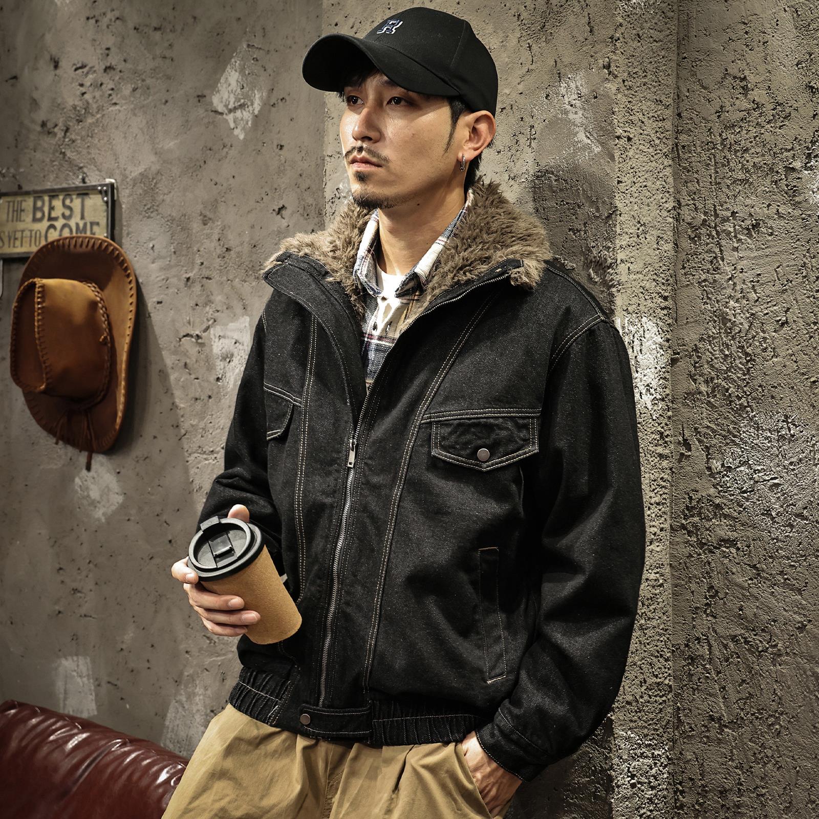 美式复古夹棉加厚毛领牛仔夹克男2025冬季新款保暖工装棉服外套潮