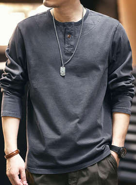 格蓝鹿美式复古长袖t恤男秋季新款宽松亨利领体恤男士工装打底衫