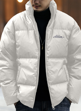 格蓝鹿美式潮牌字母刺绣羽绒服男短款宽松立领休闲白色保暖外套男