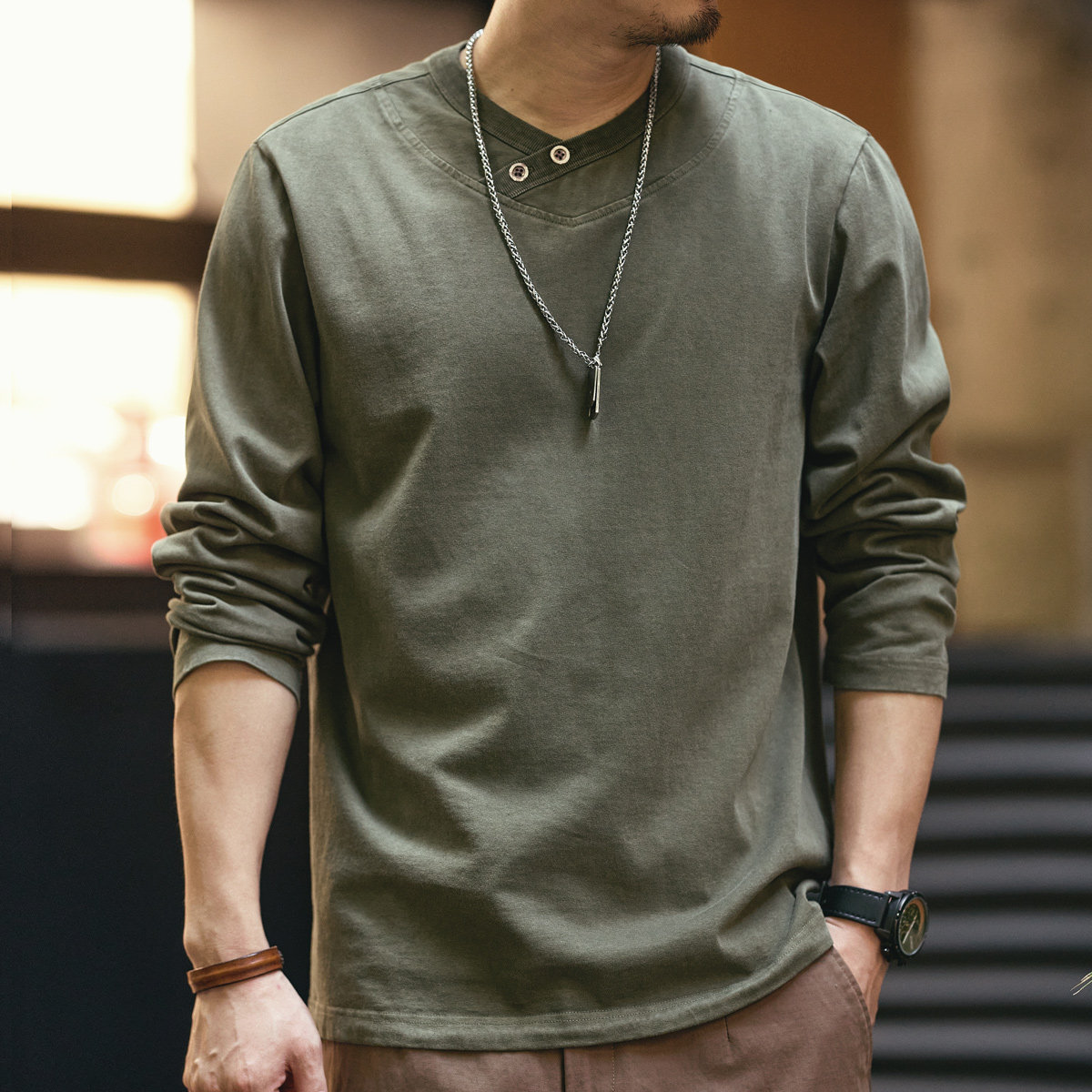 格蓝鹿300g美式纯棉长袖T恤男秋季潮流军绿半扣内搭卫衣打底衫男