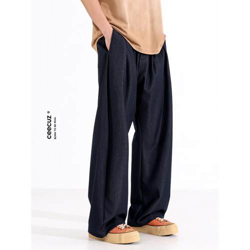 Ceecuz 秋季轻薄垂感原色阔腿弯刀牛仔裤男薄款美式宽松休闲长裤
