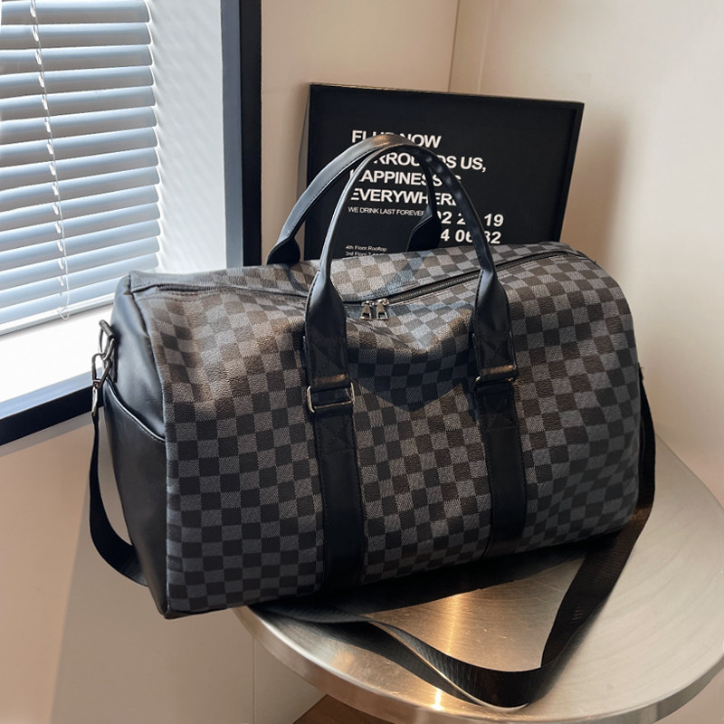 棋盘格斜挎包短途旅行包女大容量轻便健身包单肩男手提运动健身包