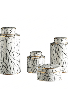 现代简约黑白陶瓷储物罐 美式x家居客厅装饰罐摆件 样板房软装配