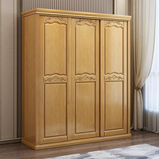 实木衣柜推拉门现代简约3门储物柜家用卧室大衣橱带镜原木衣物柜