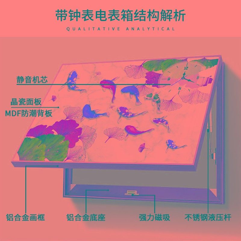 九鱼图带钟表电表盒装饰2021新B款现代简约免打孔配电箱挂画轻奢