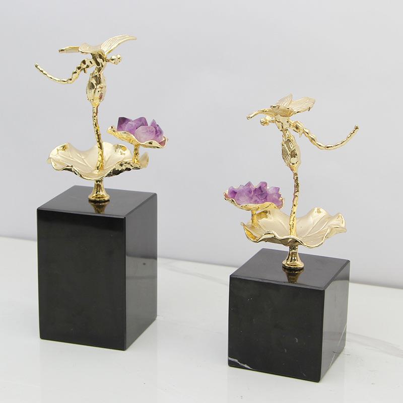 新中式轻奢高档金色荷花摆件客厅酒柜电视柜书柜招财紫晶装饰品