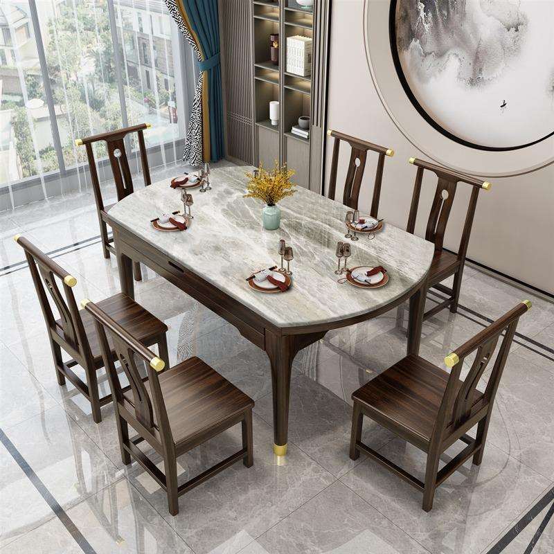 新中式实木餐桌方桌变圆桌小户型家用8人可伸缩岩板饭桌乌金木