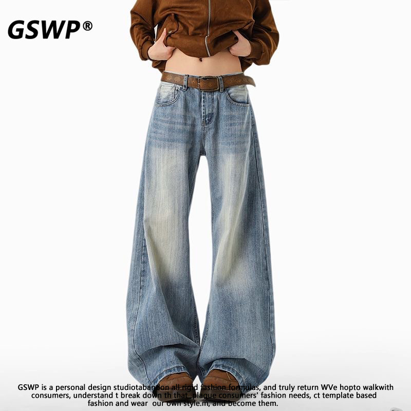 GSWP美式复古水洗弯刀牛仔裤男女夏季高腰显瘦阔腿裤