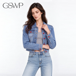 GSWP美式复古牛仔外套女短款红色排扣设计感夹克短外套