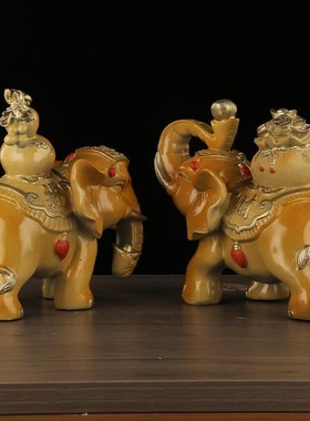 黄铜彩绘a如意黄财富对象铜大象摆件一对家居办公室店铺吉祥摆设