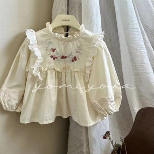 童装 女宝宝上衣甜美百搭 女童春秋新款 儿童水果刺绣花边娃娃衫