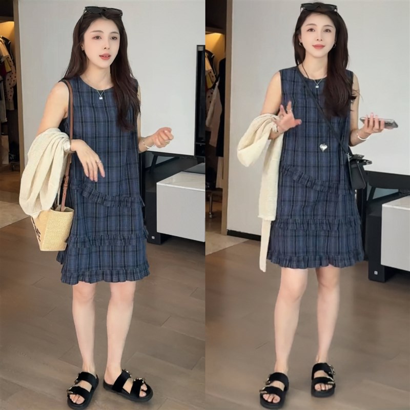 法式复古不规则花边格纹背心裙女夏季小个子度假风休闲无袖连衣裙
