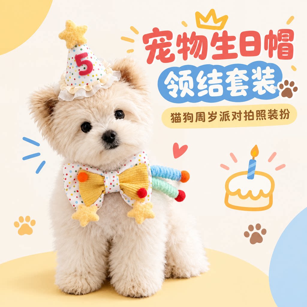 宠物生日帽领结套装中小型犬比熊猫咪狗狗装扮蛋糕帽围兜围脖拍照