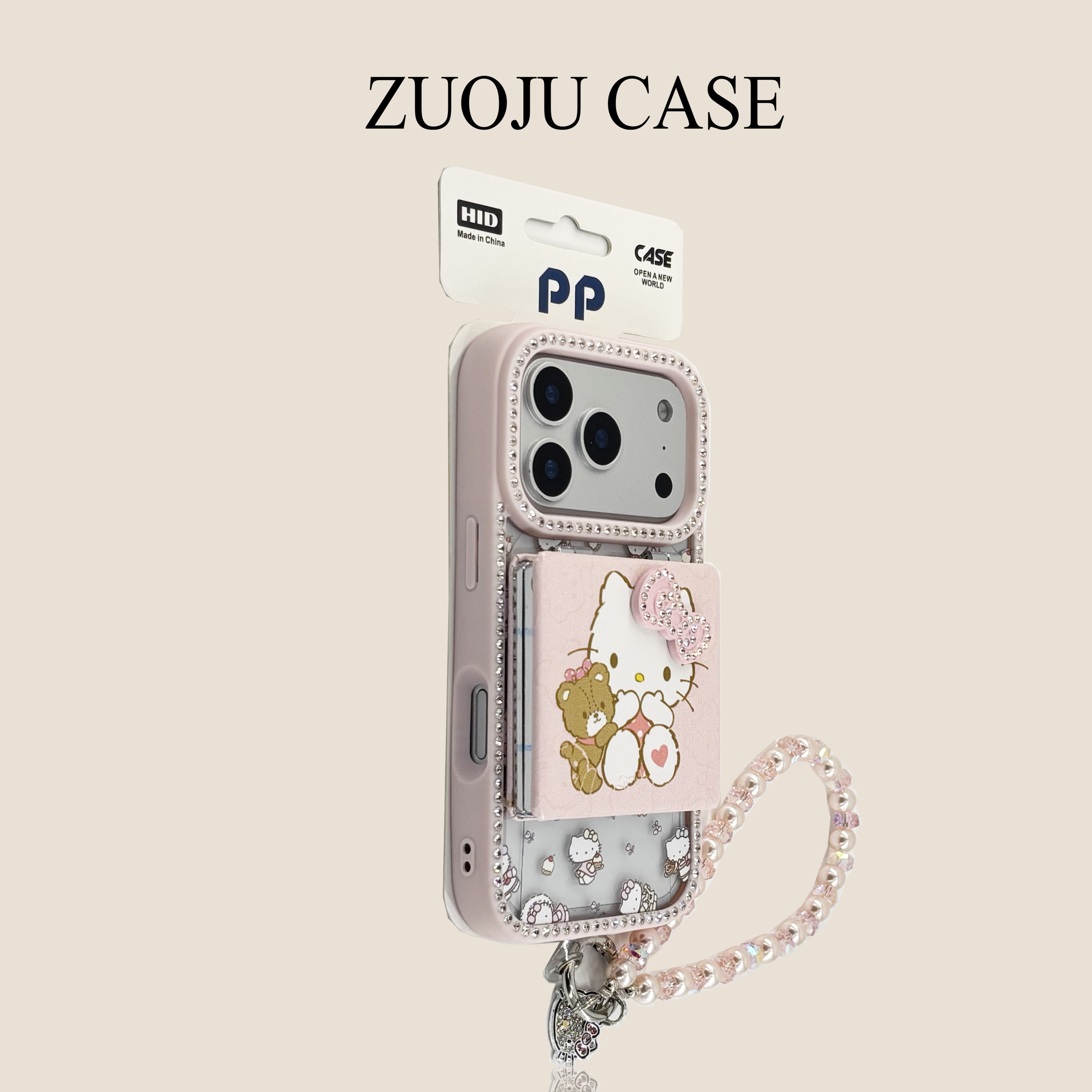 镶钻粉边蛋糕KT猫翻盖镜子链条适用苹果17手机壳新款iphone17promax全包套苹果16ProMax苹果15pro防摔女14pro