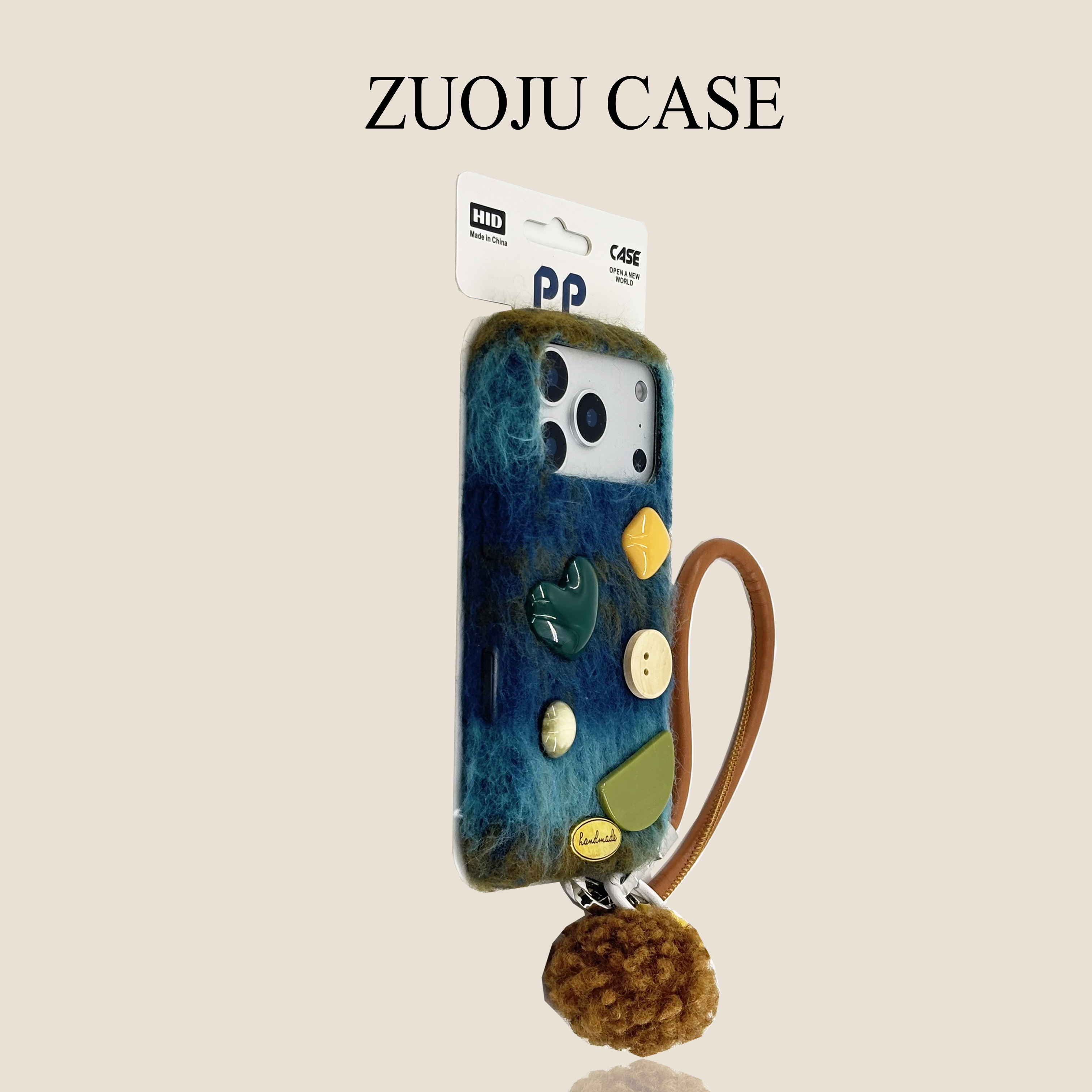 蓝咖底爱心纽扣铃铛手绳适用苹果17手机壳新款iphone17promax秋冬毛绒布苹果16promax苹果15pro防摔13女款14