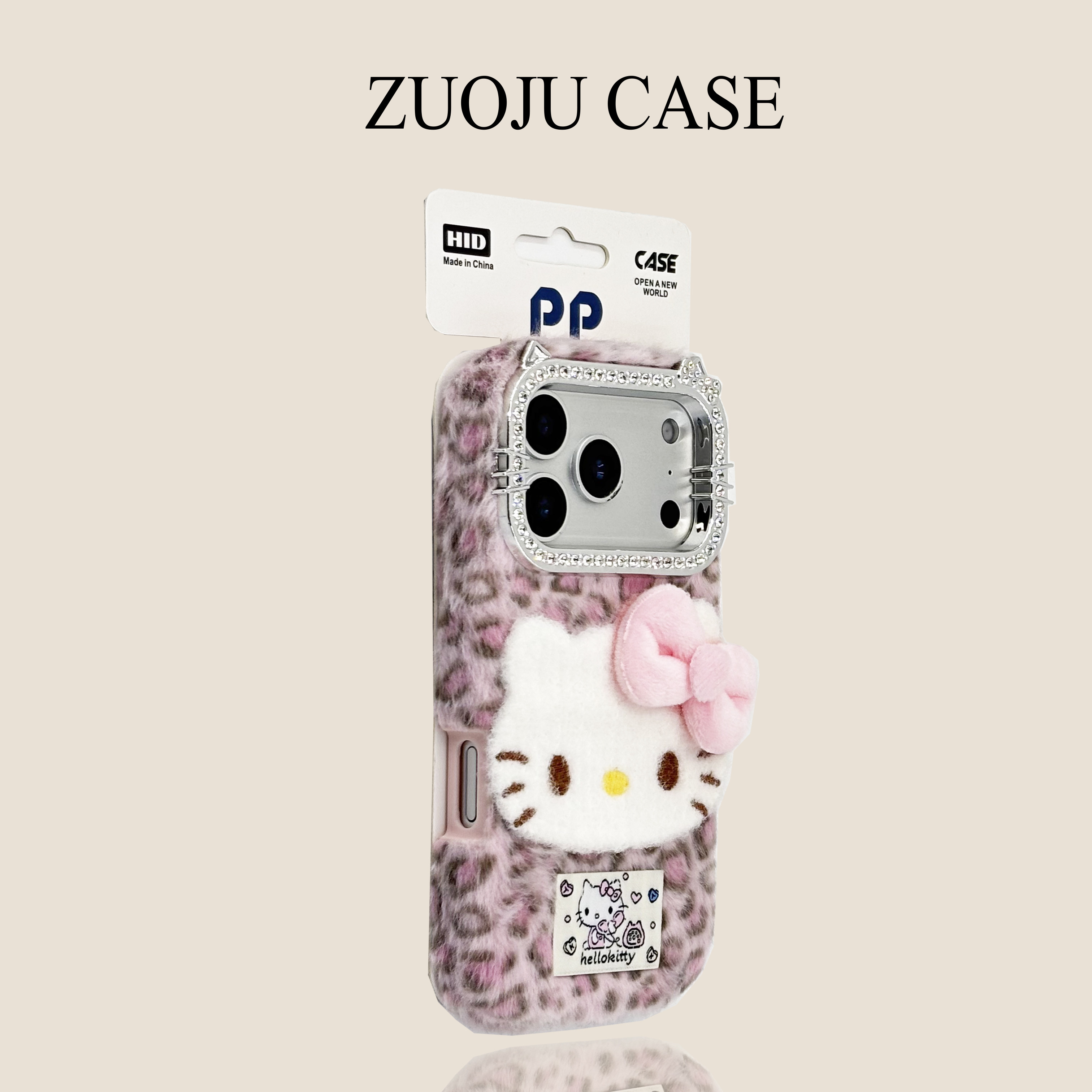 灰粉色毛绒蝴蝶结豹纹KT猫苹果17手机壳新款iphone17promax秋冬款苹果16ProMax高级苹果15pro防摔女款14pm套