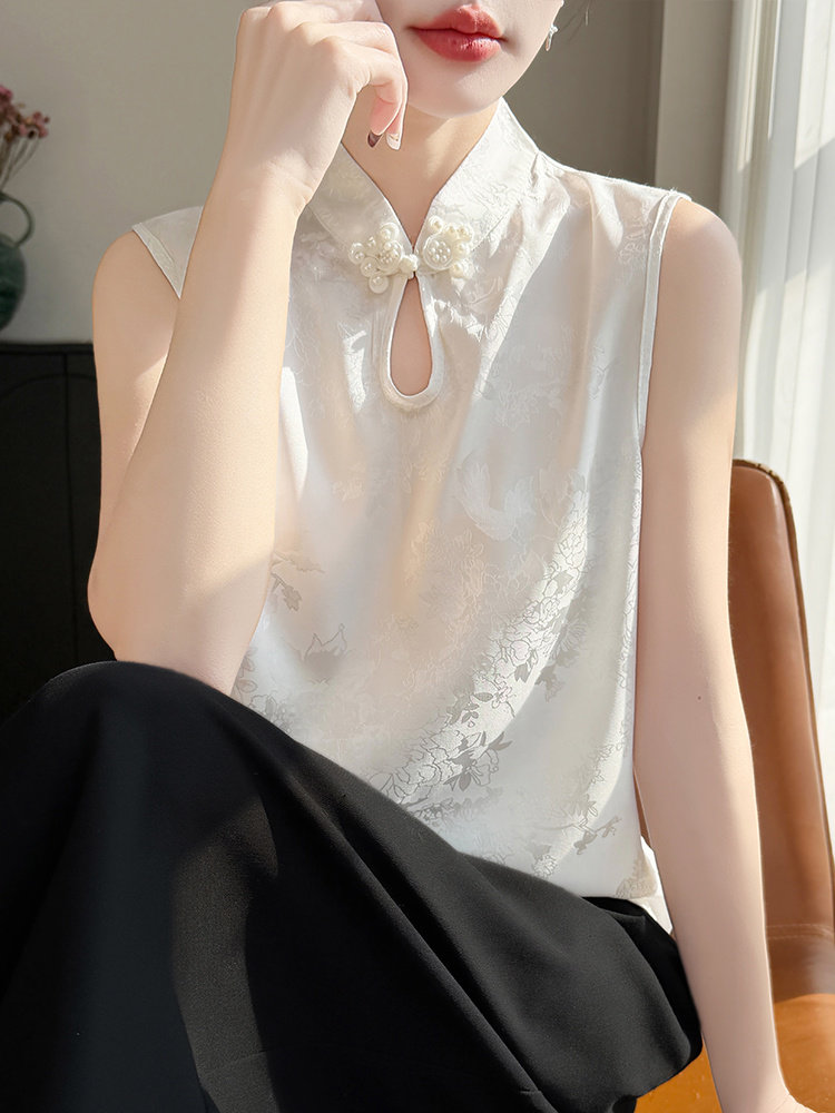 新中式立领钉珠盘扣背心女春夏国风提花缎面小衫宽松无袖大码上衣