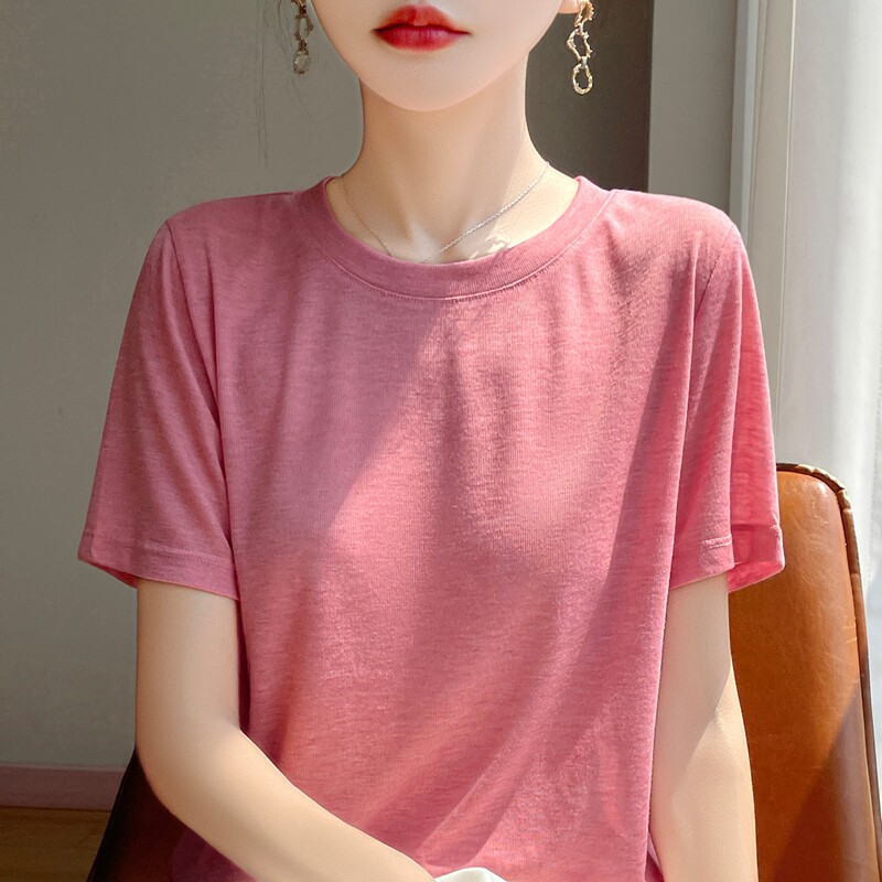 2026年新款开春马年短袖女纯色时尚宽松圆领针织t恤衫外穿内搭