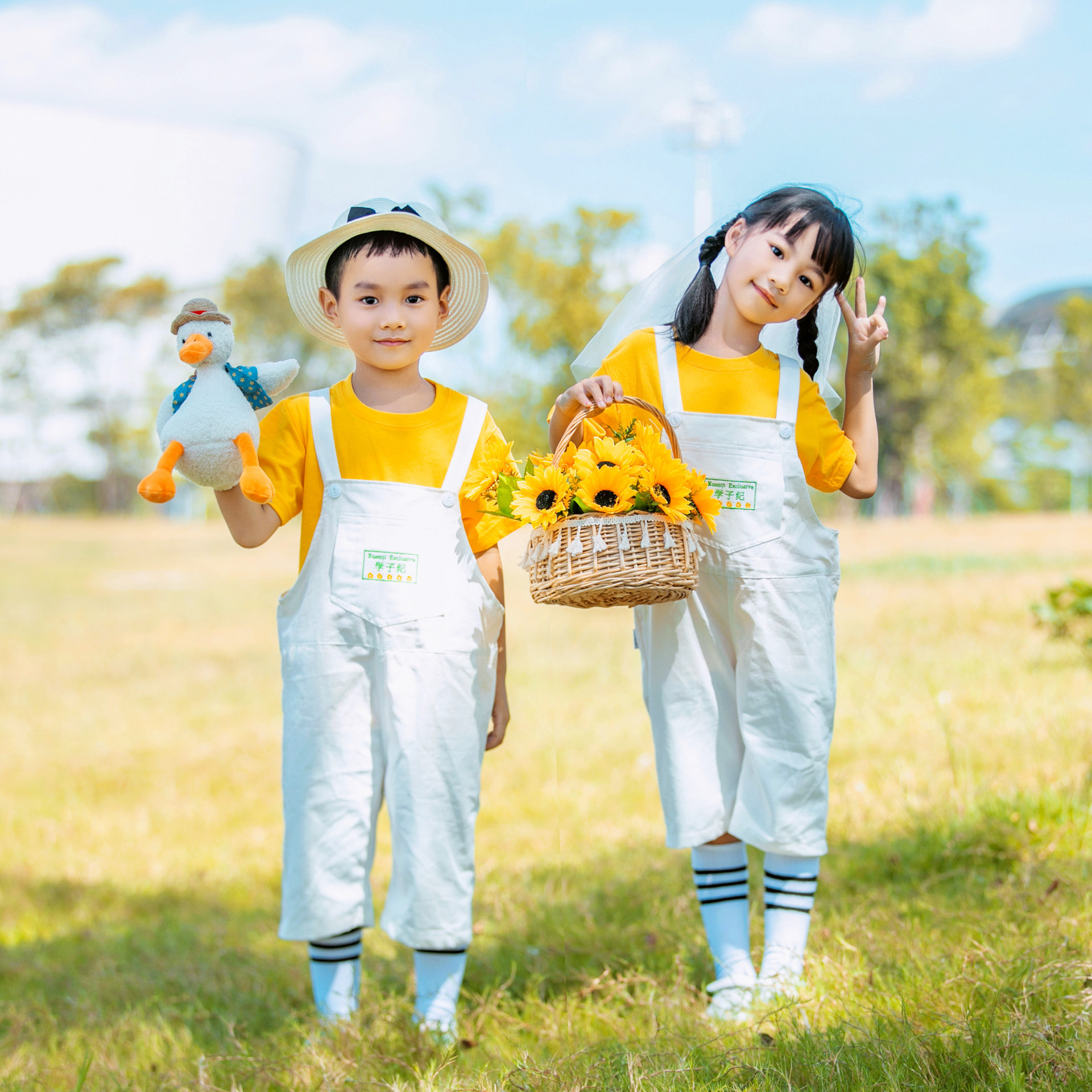 儿童刺绣白色背带裤纯棉夏季国庆爱国汇演出服装中小学班服运动会