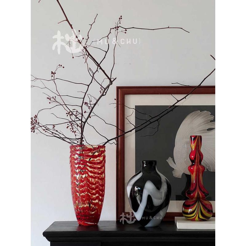 木出  轻奢玻璃花瓣线条波浪覆古橙红J色花瓶高端会所酒店设计感