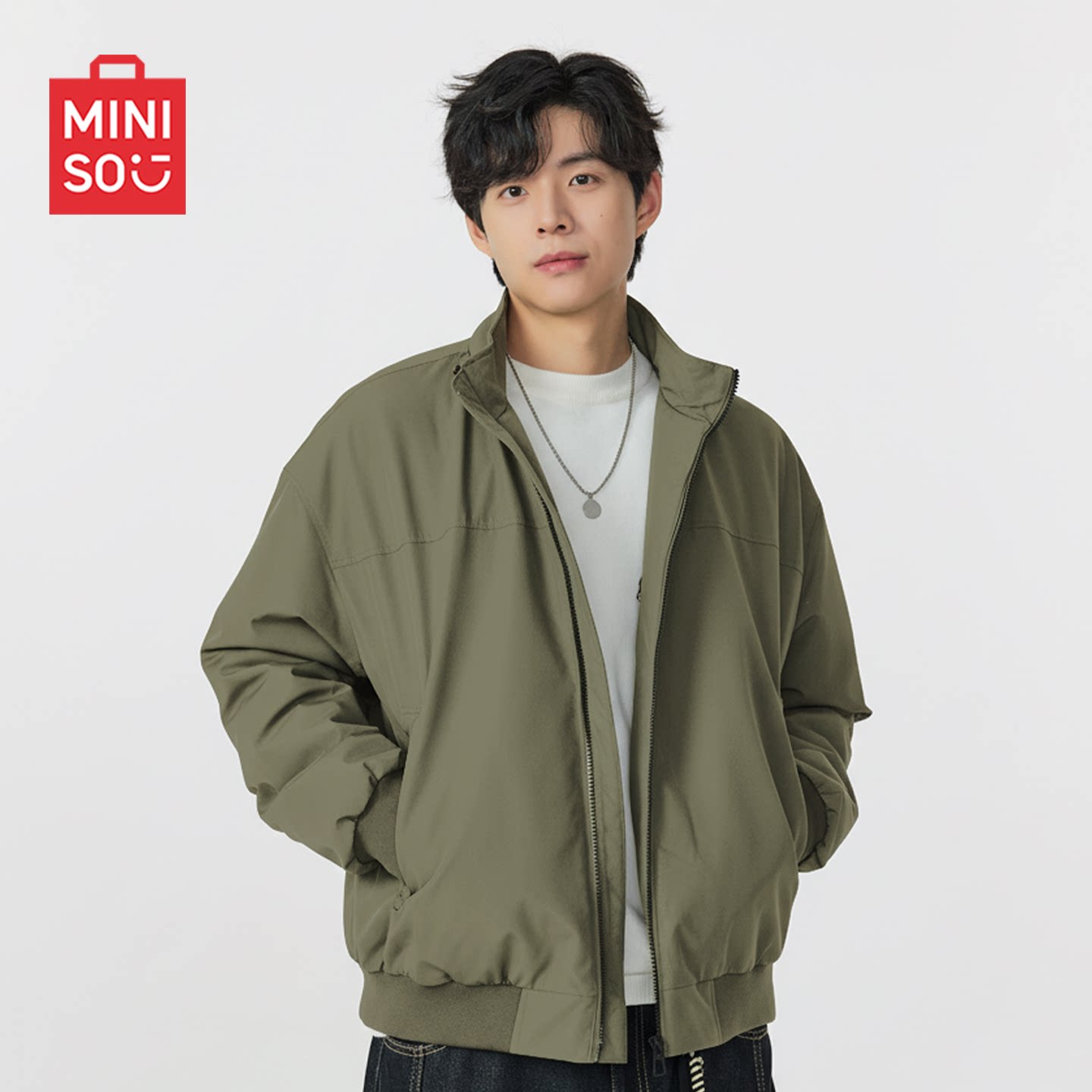 MINISO/名创优品加厚保暖棉服男冬季绿色三防飞行员夹克立领外套Y