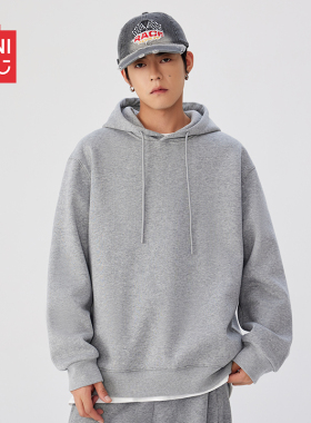 名创优品灰色卫衣男春季男款2026新款薄款宽松帽衫纯色连帽男装A
