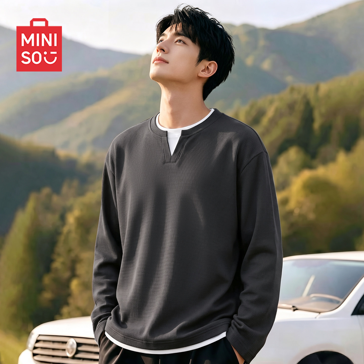 MINISO/名创优品打底衫男秋款假两件设计感v领男士深灰色长袖t恤A