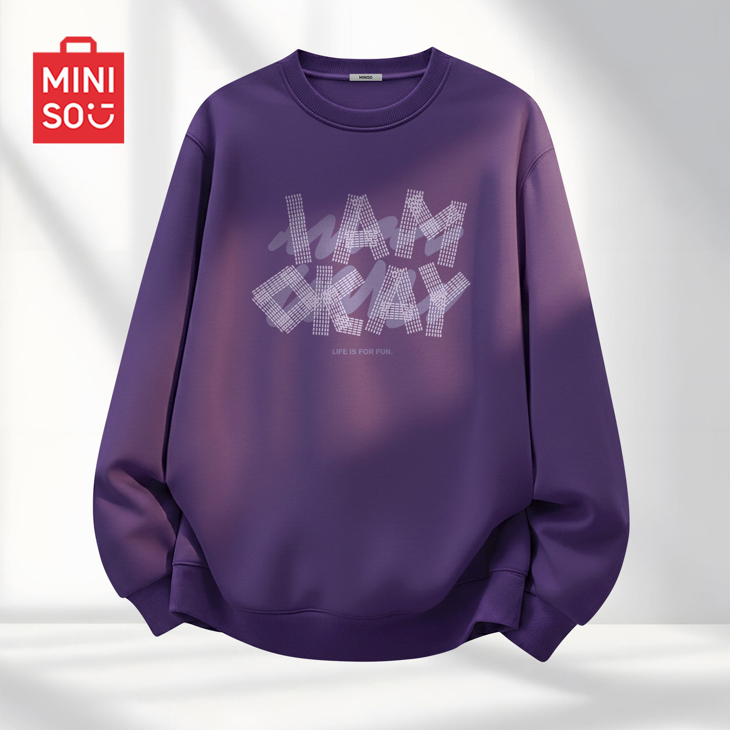 MINISO/名创优品重磅潮流卫衣男款秋季宽松设计感圆领紫色外套潮Y