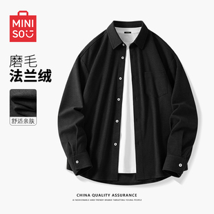 名创优品男士 男春装 衬衣长袖 通勤商务寸衫 黑色法兰绒衬衫 MINISO