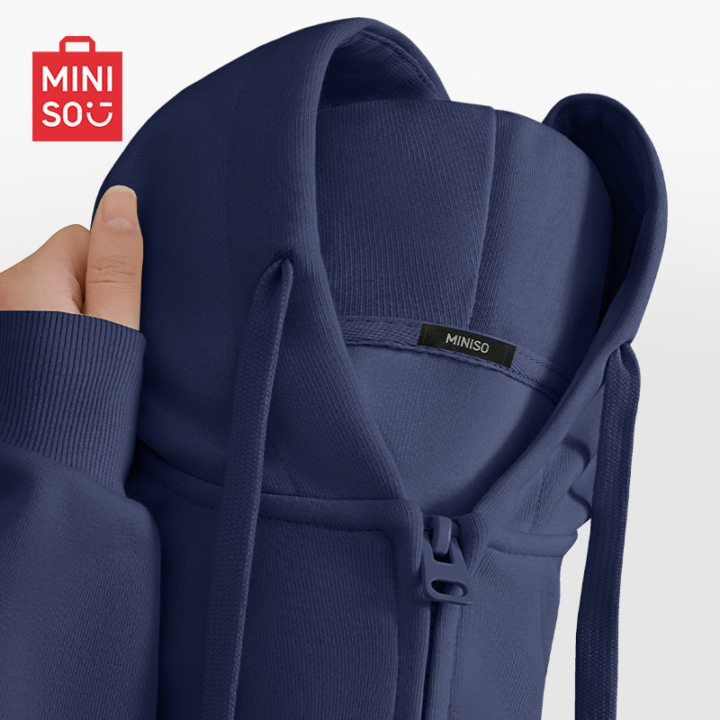 MINISO/名创优品连帽卫衣男春秋男女潮牌男款藏青色拉链开衫外套A