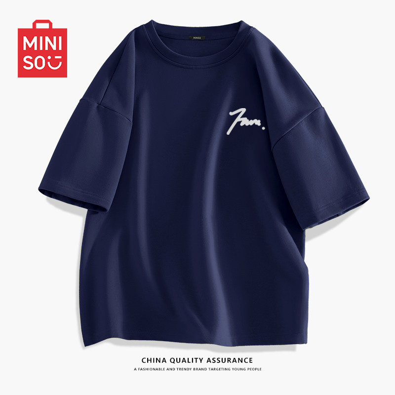 MINISO/名创优品t恤短袖男夏天潮流英文纯棉体恤藏青色休闲衣服A