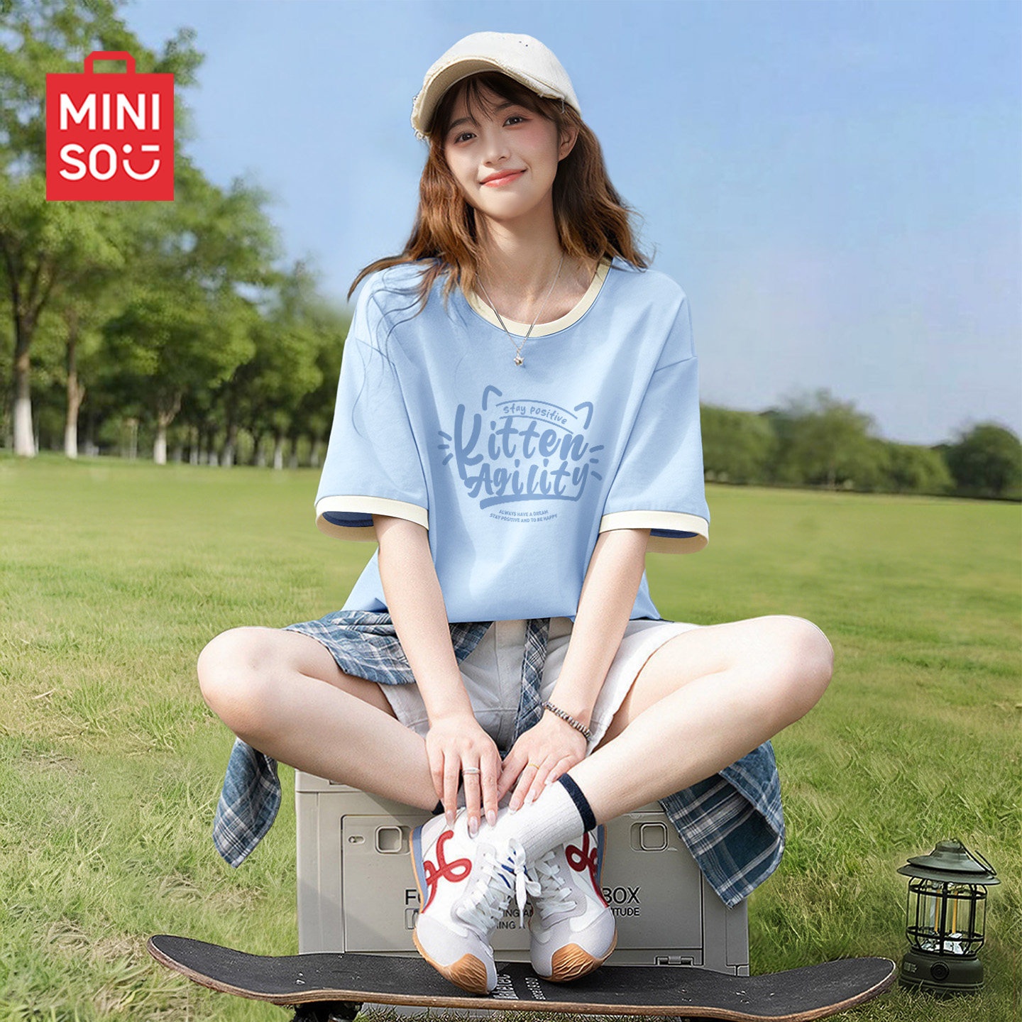 名创优品纯棉短袖t恤女2026新款夏季拼接撞色半袖女士浅蓝色上衣D