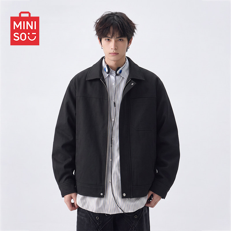 MINISO/名创优品黑色外套男秋季底特律翻领户外休闲显瘦运动夹克Y