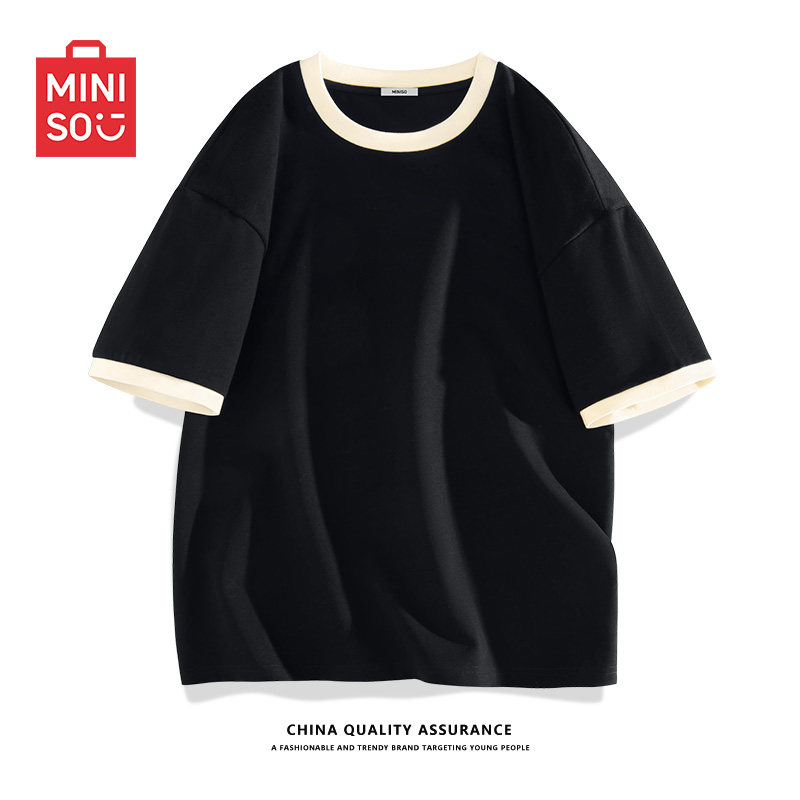 名创优品短袖男款夏季黑色高级感撞色拼接半袖重磅纯棉正肩t恤男A